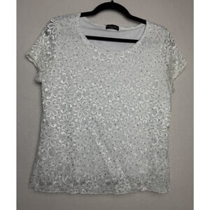 Brittany Black Petite Women's White Lace Rhinestone Lined Short Sleeve Size PXL